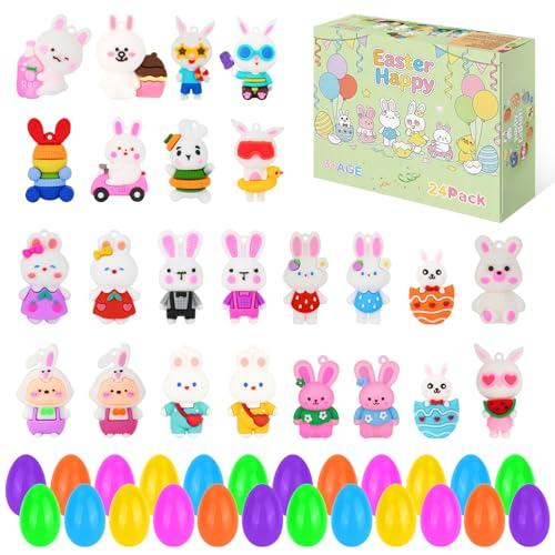 FYHMDC 24 Pcs Prefilled Easter Eggs Filled for Kids,Mini Bunny Action Figure Small Rabbit Keychains for Kids Boys Girls Easters Basket Stuffers Party Favors Easter Egg Fillers Hunt