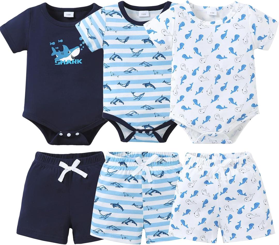 Jecson Newborn Boy Clothes Baby Boy Outfits Summer Set 6-Piece Cotton Short Sleeve Top and Shorts for 6-9 Months (Blue)
