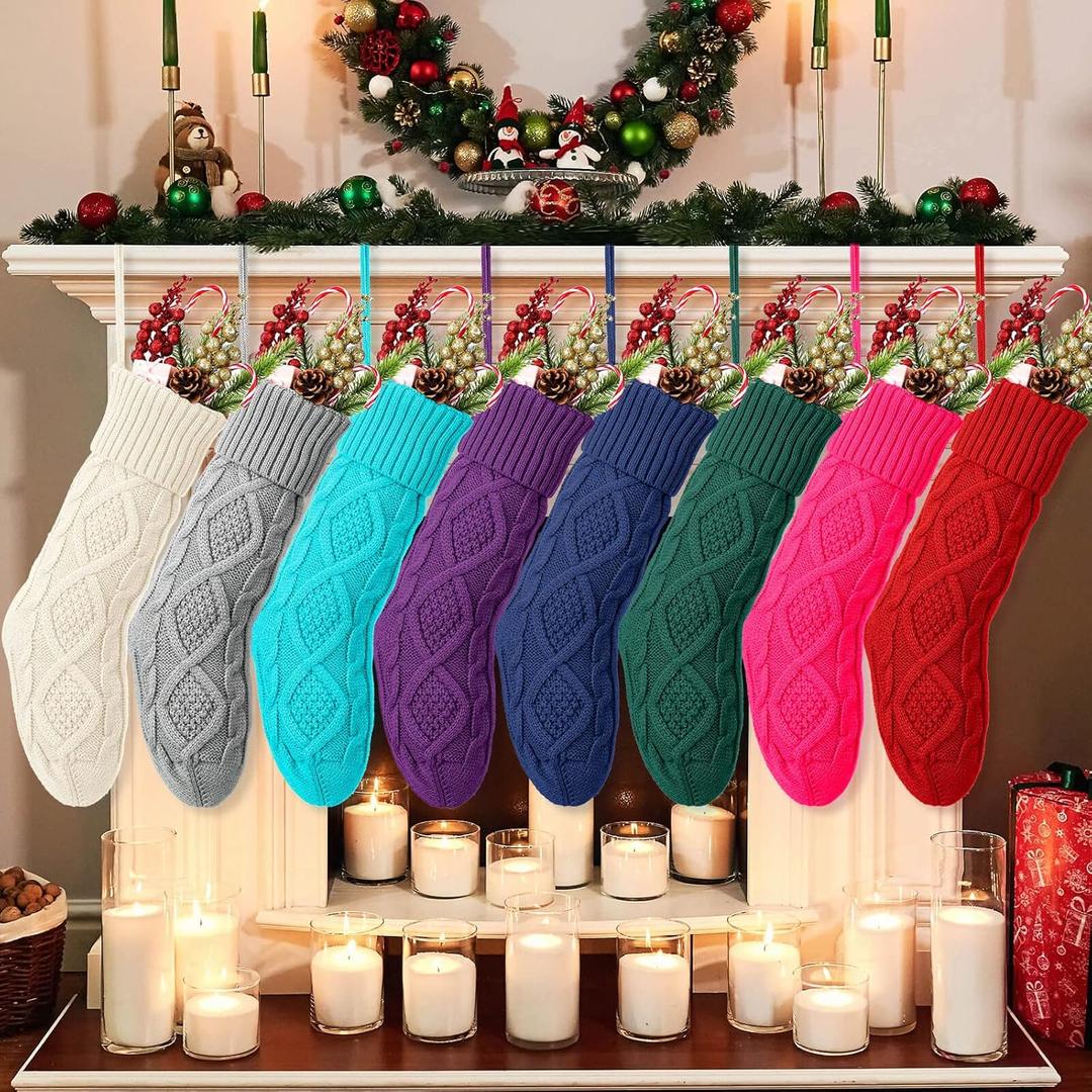 EBOOT 18 Inch Knitted Christmas Stockings Bulk Large Cable Knit Christmas Stockings Farmhouse Xmas Decorations Hanging Wall Fireplace Party Supplies(8 Pcs,White/Green/Red/Blue/Gray/Purple/Pink/Blue)