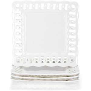 Ceramic Square Dinner Plates, 11 inch Square Serving Plate Set of 4 for Steak Pasta Salad Snacks Pizza Appetizer, New Bone Porcelain Plates with Lace Rim, Party Wedding Birthday Christmas Gift, White