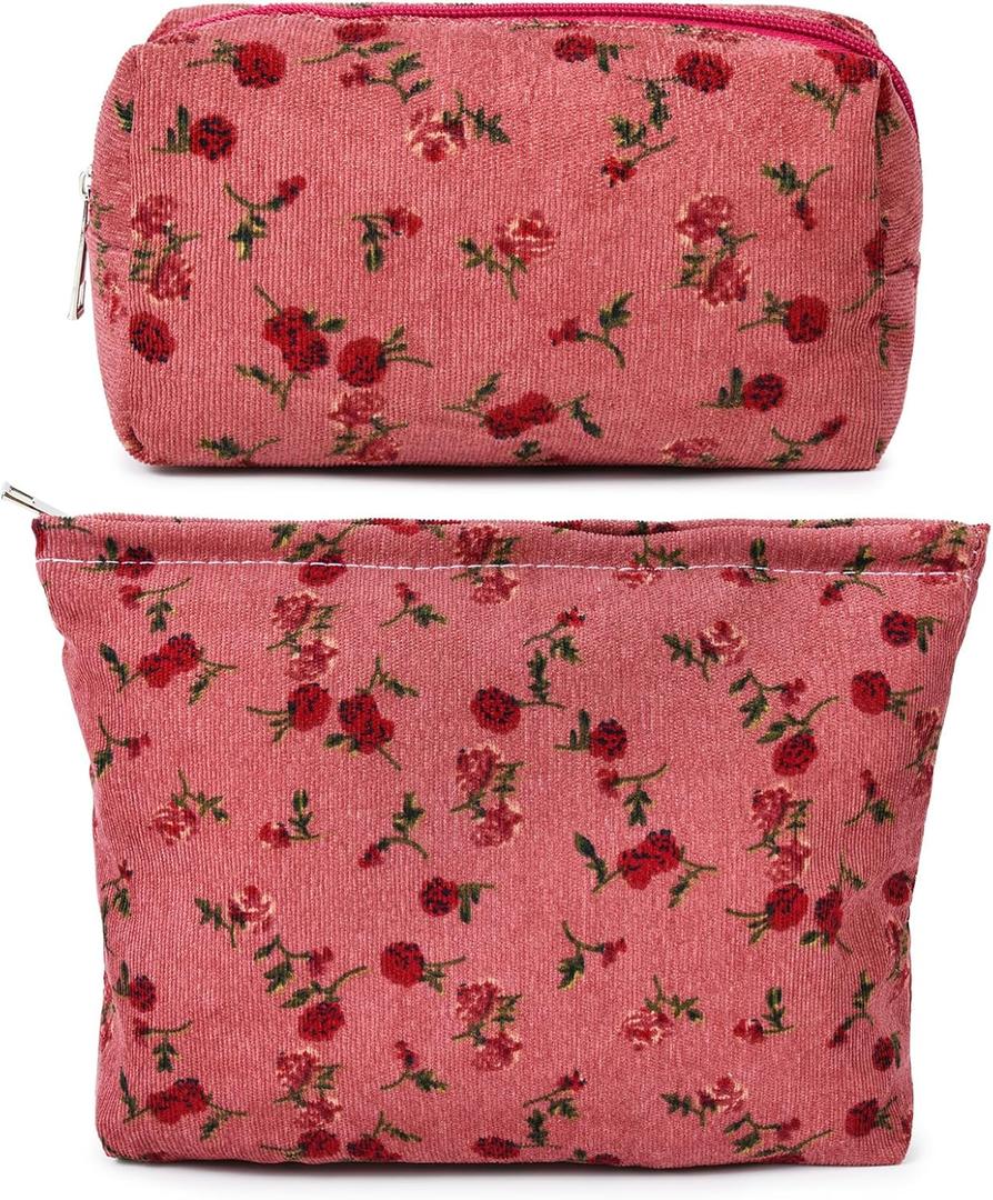 2 Pieces Rose Makeup Bag Large Cosmetic Bag Capacity Canvas Mix Travel Toiletry Bag Organizer Cute Makeup Brushes Aesthetic Accessories Storage Bag for Women, Rose Mix Green Red