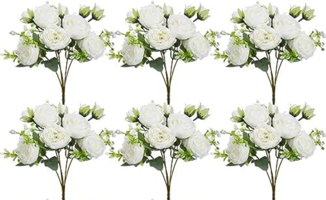 Crowye 6 Bundles Artificial Peonies Realistic Flowers with Stems Bouquet Peonies for Table Centerpieces Wedding Decoration Bridal Floral Arrangement (White)