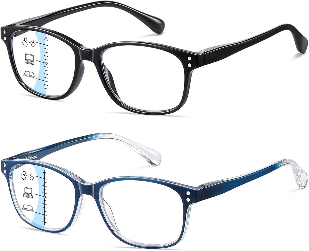 PUBOWT 2-Pack Progressive Multifocus Reading Glasses for Men Women Blue Light Readers Spring Hinge No-Line Near Range PT2013 Black+Blue（Workspace for Near Range +2.5 Strength)