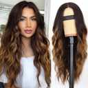 AISI HAIR Long Wavy Brown with Blonde Highlight Lace Hairline Wigs for Women, Middle Part Synthetic Heat Resistant Wig for Daily Party-26 Inch