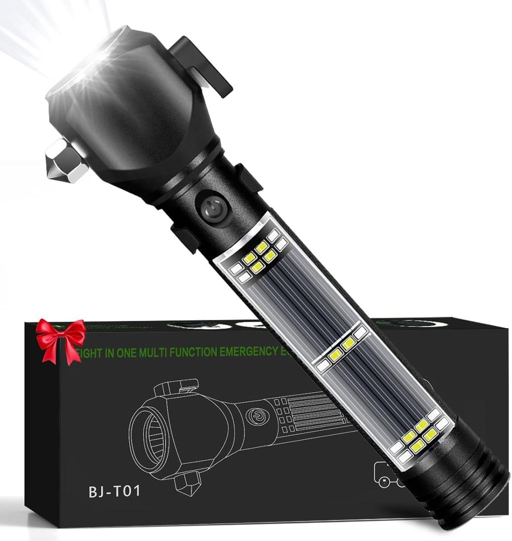 Rechargeable Solar Powered Flashlight, Multi Function LED Tactical Flashlight with Glass Breaker, Seatbelt Cutter, Alarm and Phone Charger,Powerful Handheld Flashlights for Emergencies Camping