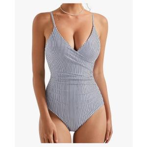 SUUKSESS Women Sexy Wrap Push Up One Piece Swimsuit Tummy Control Bathing Suit,  Medium, White Black Striped 