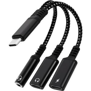 1 in 3 USB C to Type-C Charging and Type-C Headphones Plus 3.5mm Headphones PD 60W Charging Adapter, Compatible with GalaxyS22, iPad Pro, Pixel, iPhone 16 15, etc.Black