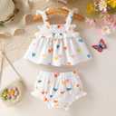 Infant Toddler Baby Girl Summer Cotton Clothes Strap Ruffle Smocked Top and Shorts 2Pcs Outfit Clothing Set