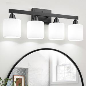 VOLISUN Matte Black Bathroom Light Fixtures, 4-Light Bathroom Vanity Lights Over Mirror, Modern Vanity Light for Bathrooms, Bathrooms Lights Fixtures Over Mirror with Milky White Frosted Glass Shades