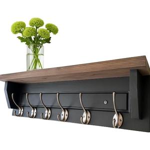 Matas Wall Mounted Coat Rack with Shelf 24 Coat & Key Rack, 6 Metal Hooks, Dark Wood Ledge Decorative Entryway Shelf Unit, Mail Holder, Kitchen Bathroom Organizer , Black
