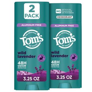 Toms of Maine Wild Lavender Natural Deodorant for Men and Women, Aluminum Free, No Artificial Fragrances, Dyes, or Preservatives, Baking Soda Free, 48-Hour Odor Protection, 3.25 oz (2 Pack)