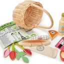 Tender Leaf Toys - Wicker Shopping Basket - Handcrafted Rattan Basket with Handle - Wooden Picnic Basket Playset, Supermarket Shopping Game, 15 Pcs Pretend Play Food Set - Age 3+