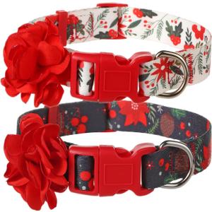 Christmas Dog Collars with Removable Red Flower, Large Dog Collar for Female Dogs