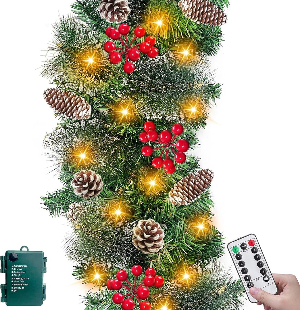 [ Remote Control & Timer & 8 Modes ] 9Ft by 10 Inch 50 LED Prelit Christmas Garland Decorations Warm White Lights Thick 300 Snowy Tips 198 Red Berry 18 Pinecone Xmas Decor Garland Indoor