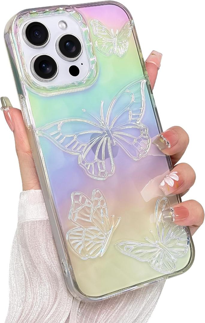Cute Case for iPhone 14 Pro Max Case for Women Girls, with 3D Butterflies Pattern Design, Aesthetic Clear Iridescent Glitter Kawaii Girly Rainbow Protective Phone Cover