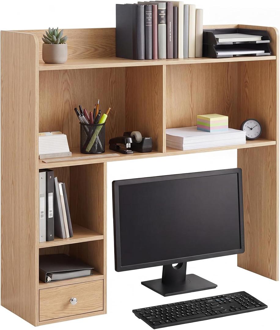 Cinnvoice Natural Desktop Bookshelf Countertop Storage Hutch with Drawer for Computer Desk 5-Tier Display Rack Multipurpose Wood Desktop Hutch Storage Organize for College Dorm Home Office Supply, 32.3 x 31.5 x 7.9 inches