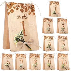 Chunful Wooden Wedding Table Numbers 1-10 for Wedding Reception, 4"x6" Rustic Eucalyptus & Floral Table Number Double-sided Signs for Centerpiece, Banquet, Party Decoration(Flowers Style)