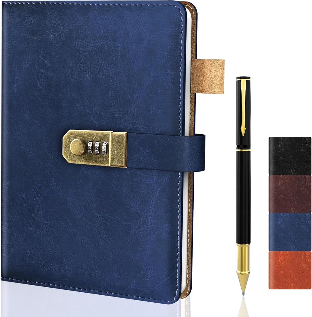 Diary with Lock for Men and Women, A5 Vintage Leather Journal with Lock for Boy and Girl, 200 Pages Refillable Lined Password Notebook with Pen for Personal Daily Writing Travel Navy Blue