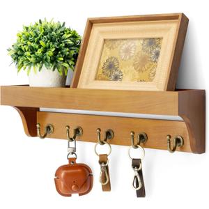 Rebee Vision Decorative Key Holder for Wall with Shelf: Farmhouse Mail Rack with 5 Sturdy Key Hooks for Home Decor, Apartment, Entryway and Hallway (Light Brown) (Yellow)