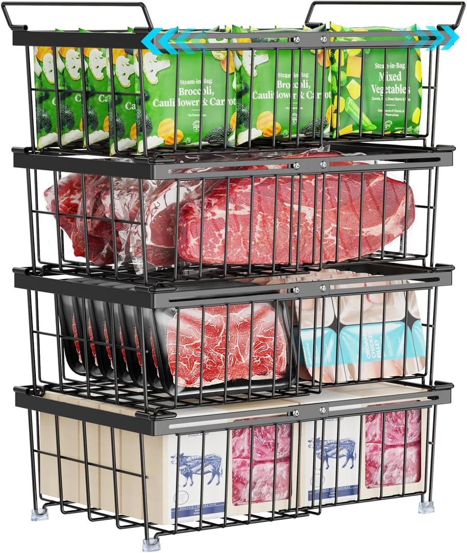 iSPECLE Freezer Organizer Bins - Fit 10 to 20 Cu.FT Chest Freezer, Pack of 4 Expandable Stackable Large Deep Freezer Organizer Bins Sort Food, Easily Get Food from Bottom Better Ventilation, Black