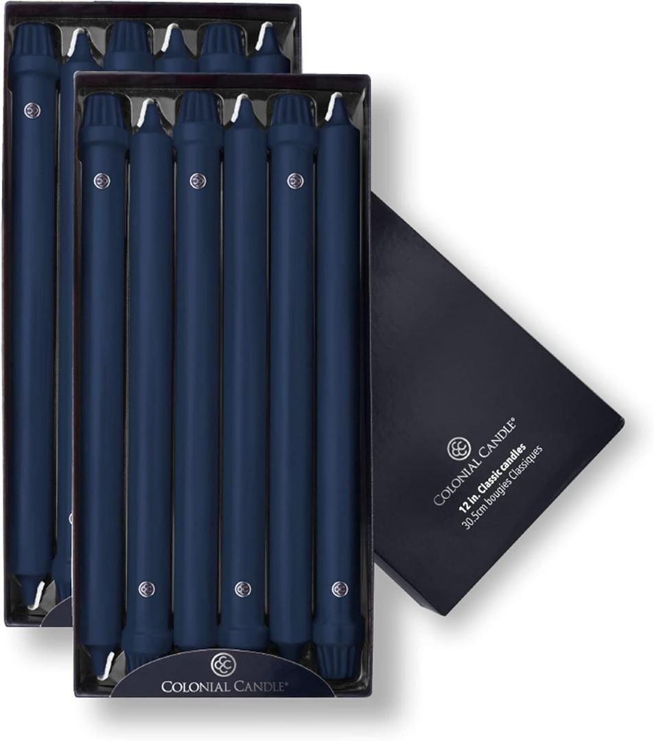 Colonial Candle Unscented Taper Candle, Classic Collection, Indigo, 12 In, Pack of 12 - Up to 10 Hours Burn