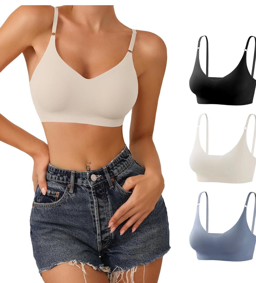 DEANGELMON V Neck Bra Padded Seamless Adjustable Straps Bralettes Everyday Basic Sleeping Bras Multiple Pack of 4, Size XL
