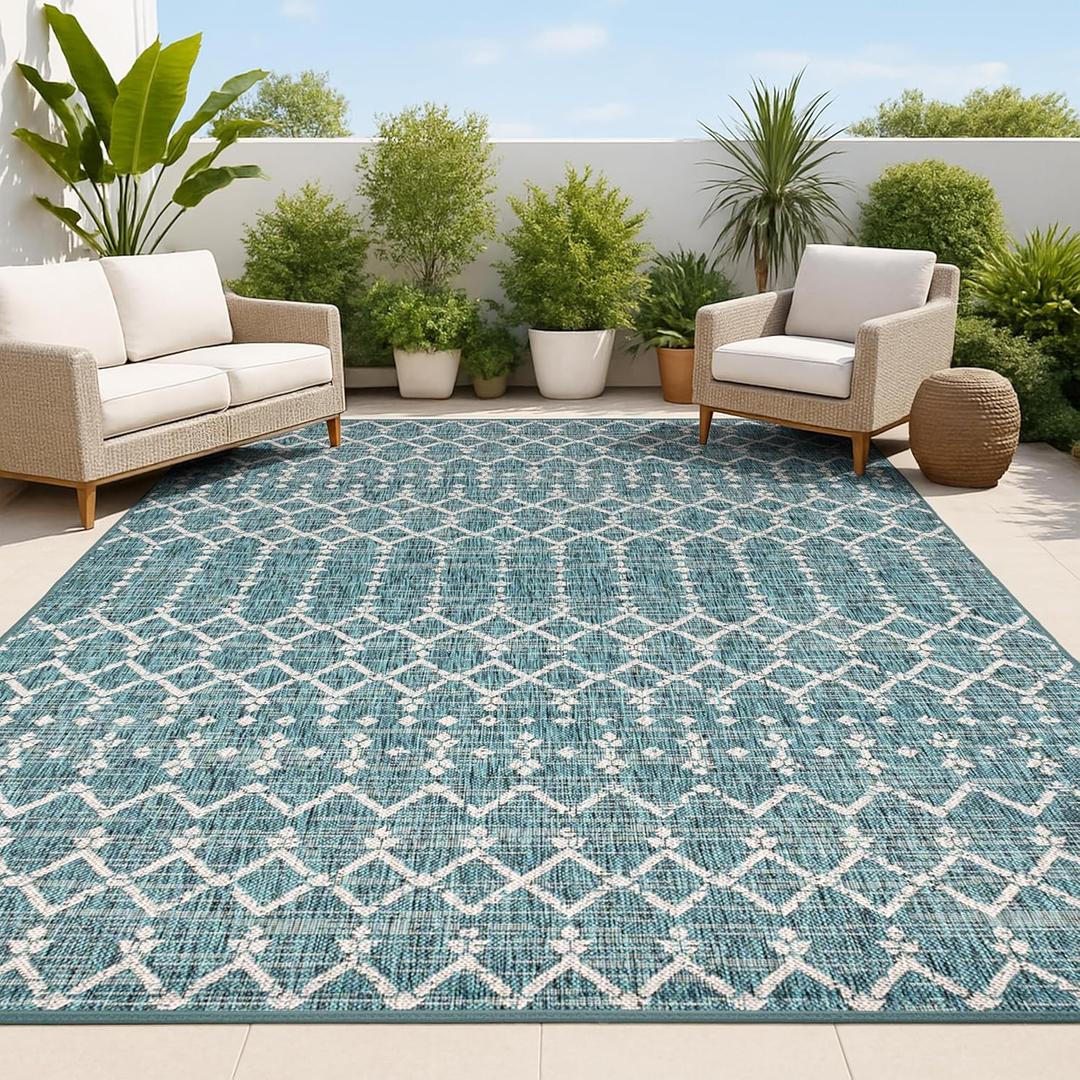 JONATHAN Y Moroccan Geometric Indoor Outdoor Area Rug 5X8 Teal/Gray, Ourika Textured Weave for Backyard, Patio, Porch, Easy-Cleaning, High Traffic, Pet-Friendly, Non-Shedding (SMB108C-5) (5'3" x 7'7" (Rectangular))
