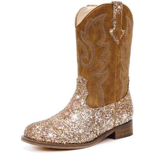 Girls Cowgirl Boots Unisex-Child Mid Calf Glitter Toddler Cowboy Boot Little Big Kids Western Riding Shoes (Sequins Brown)