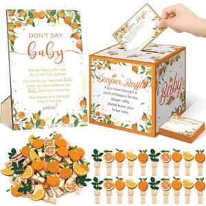 Cinnvoice 102 Pcs Diaper Raffle Tickets with Raffle Box Baby Shower Party Decorations Don't Say Baby Sign Clothespin for Gender Reveal Party Invitation Insert Card Theme Game(Orange,Cutie)