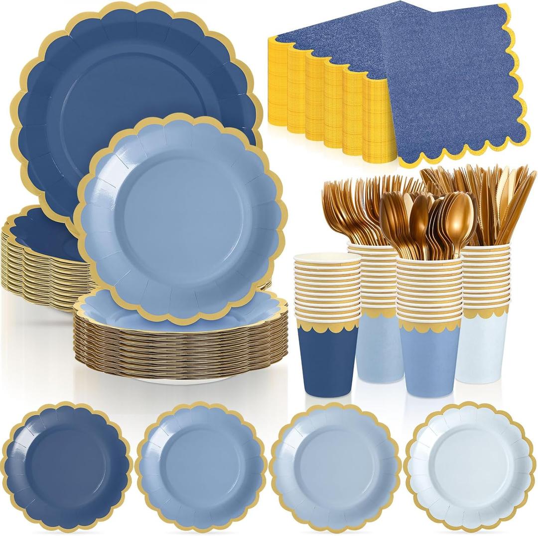 Mimorou 338 Pcs Dusty Blue Plates and Napkins Party Supplies for Guests Blue Tableware Include Scalloped Plates Paper Napkin Cup Spoon Fork Knife for Baby Shower, Wedding, Birthday