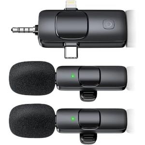 Mini Microphone, 3 in 1 Wireless Lavalier Microphones for iPhone, iPad, Camera and Android Devices, Noise Reduction Lapel Mic, Clip on Mic for Video Recording Vlog, Graphite Black