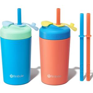 Fimibuke Kids & Toddlers Cups with Straw, 10oz Spill Proof Sippy Cups for Toddlers, Insulated Stainless Steel Kids Tumblers with Twist Lids & Silicone Straws with Stopper for Smoothie, 2 Pack (A1. Coral & Indigo)