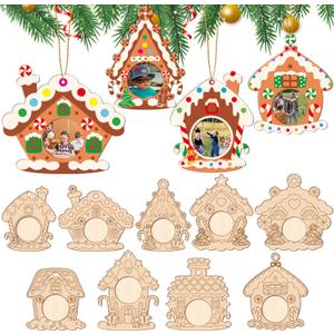 Qyeahkj 27Pcs Wood Christmas Picture Frame Ornament Bulk Coloring You Own Gingerbread House Photo Frame Craft Kits DIY for Christmas Tree Wooden Ornaments for Xmas Holiday Presents Tree Decorations
