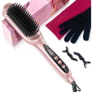 LANDOT Ionic Hair Straightener Brush Ceramic Straightening Brush with 12 Heat Settings (250-450F) for Smooth & Shiny Results, Ideal for Medium & Long Women Hair, Dual Voltage, Rose Gold