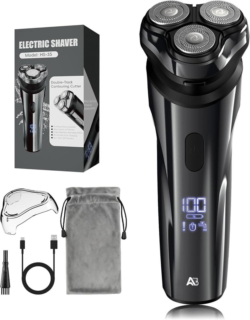 Electric Rechargeable Shaver for Men,Wet & Dry Electric Razor, IPX7 Waterproof Rotary Shaver for Men,4D Floating Head, LED Display,Type-C, Travel-Friendly, Silver