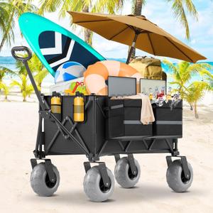 Beach Wagon with Big Wheels for Sand Heavy Duty Collapsible Wagon with 9" All Terrain Inflatable Tires, Foldable Beach Cart for Camping Outdoor Grocery Shopping Garden Sports, Black
