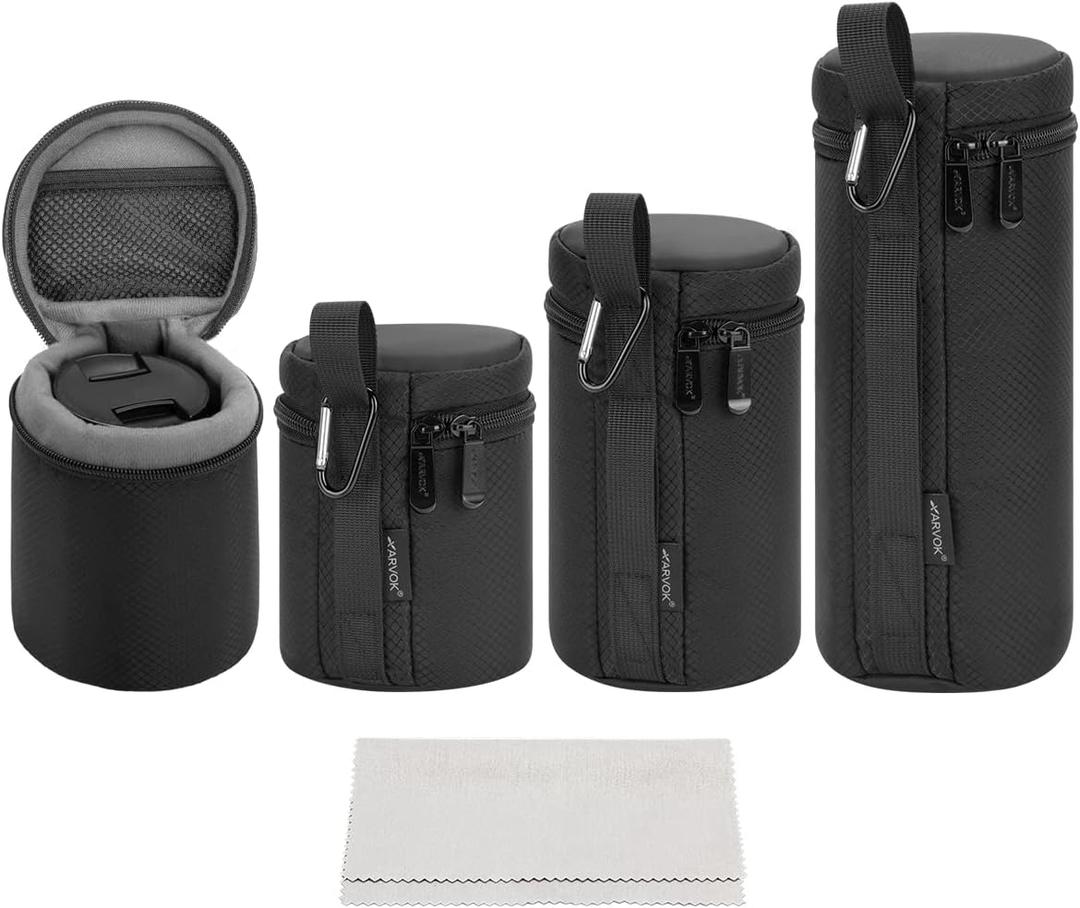 ARVOK Camera Lens Case, Water Resistant Protective Pouch for DSLR Camera, 4 Size Thick Bag for Nikon, Tamron, Sigma, Pentax, Sony, Fuji, Panasonic (4 Pack) (Black)