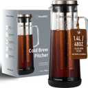 BrewMOO- Airtight Cold Brew Coffee Maker Pitcher, 1.4L/48Oz Thick Glass Carafe with Filter, Comfort Sturdy Handle & Wide Spout, Non-Slip Base | Iced Tea Maker (Black)