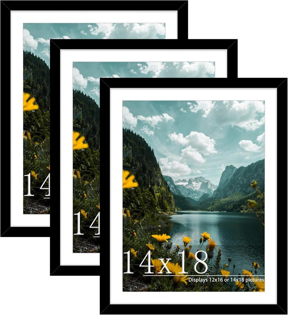 Picrit 14x18 Picture Frame 3 Pack, Black Poster Frame, Display Poster 12 x 16 with Mat or 14 x 18 without Mat for Horizontal or Vertical Wall Mounting.