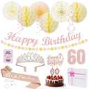 60th Birthday Decorations Set for Women - Queen Crown, Sash, Card, Cake Topper & Candles, Rose Gold Happy Banner with Paper Honeycomb, Poms Fan, Streamers,Gift Kit – 60 & Fabulous Milestone Party
