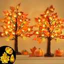 Thanksgiving Decorations, 2 Pack 24''/2FT Prelit Fall Maple Tree Fall Decor Total 48 LED Timer Battery Operated Lighted Pumpkins Acorns Maples Leaves Thanksgiving Autumn Indoor Home Table Christmas