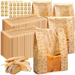 Feifeiya 250 Pack Kraft Paper Bread Bags for Homemade Sourdough Bread Bag with Clear Window 13.7 x 8.2 x 3.5 Large Bakery Packaging for Treat Storage Gift Giving with Seal Sticker