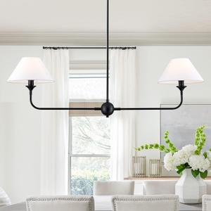Modern Linear Chandelier, 2-Light Linear Kitchen Island Lighting Fixture with Finish Off-White Fabric Shade, Modern Kitchen Pendant Light for Dining Room, Restaurant, Living Room, Bedroom (Black)