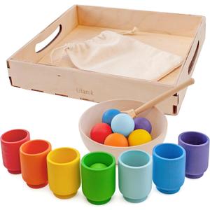 Ulanik Small Rainbow Balls in Cups Toddler Montessori Toys for 3+ Year Old Kids Wooden Matching Game for Learning Color Sorting and Counting  7 Balls