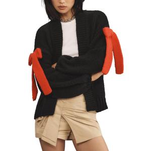 Open Front Sweaters for Women Casual Bow Tie Knit Cardigan Slouchy Chunky Long Sleeve Sweaters Outwear Coat (Black, L)