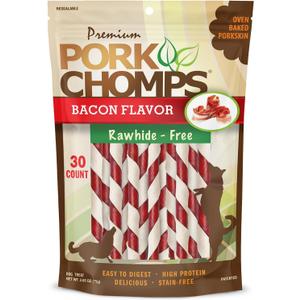 Pork Chomps Baked Pork Skin Dog Chews, 5 Inch Mini Twists, 30 Count - Bacon Flavor Wrap - Long-Lasting Treats for Dogs - High Protein, Rawhide-Free, Low Fat, Healthy & Delicious Chews, Best By 12/18/2027