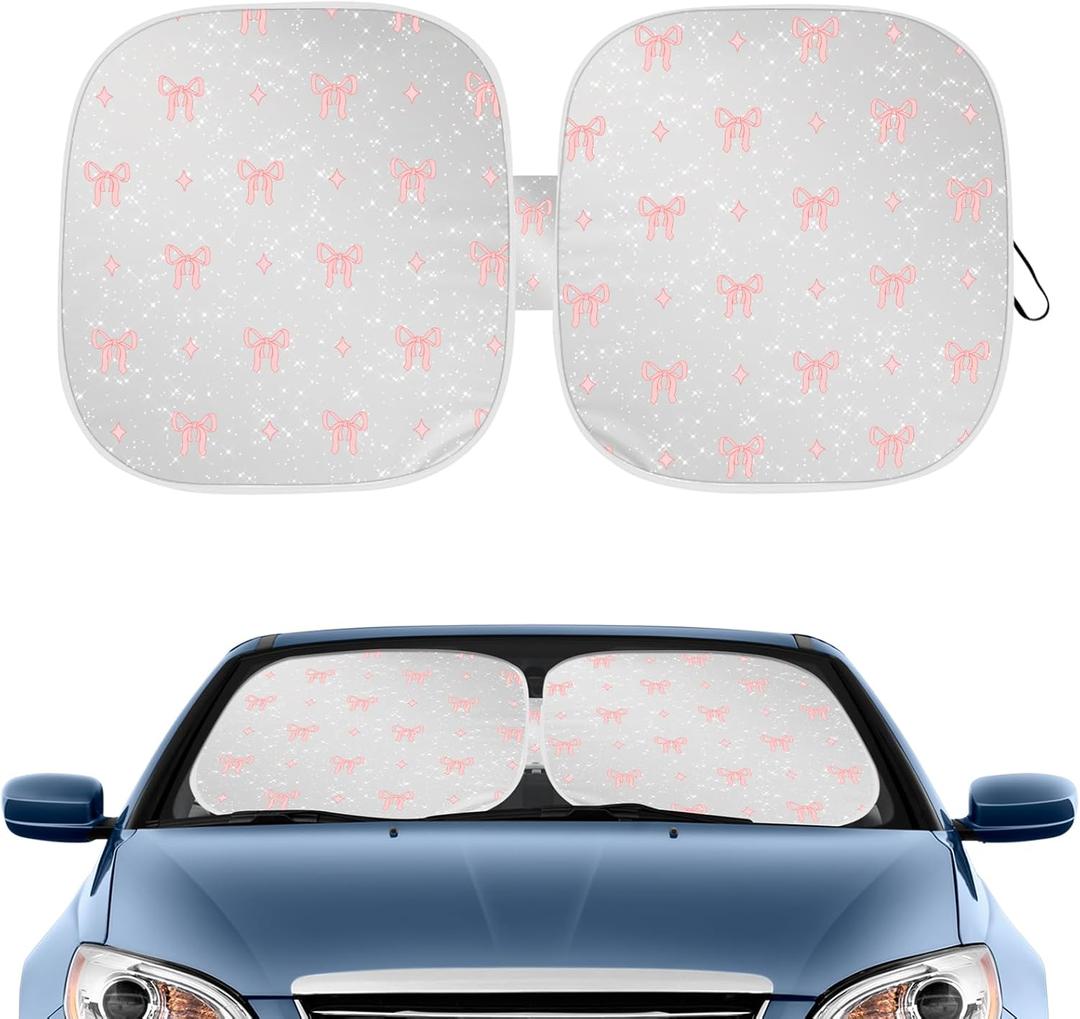 Pink Bow Print Car Windshield Sun Shade, Foldable Reflective UV Protection Sun Visor with Storage Pouch, Auto Interior Accessories for Sedan, SUV, Hatchback