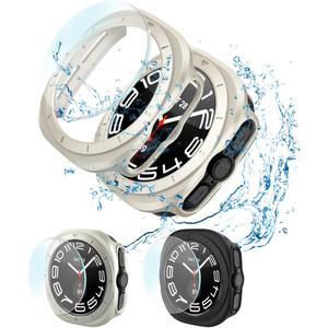 2+2 Pack Compatible with Samsung Galaxy Watch 7 Ultra Screen Protector + Case Protective, HD Tempered Glass + Hard PC Cover for Galaxy Watch 7 Ultra 47mm Accessories (Starlight+Black)