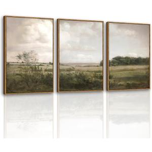 VIYYIEA Large Framed Canvas Wall Art, 3 Pcs Above Bed Wall Decor, Nature Farm Vintage Landscape Paintings Decor for Living Room, 16x24inch, 24L" x 16W" x 3