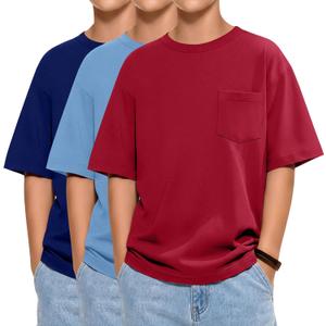LessonZoo 3 Pack Boys T Shirts Kids Oversized Shirts Short Sleeve Crewneck Tees Loose Fit Casual Summer Basic Tops 5-14 Years(Coral Red, Light Blue, Navy Blue,7-8 Years)